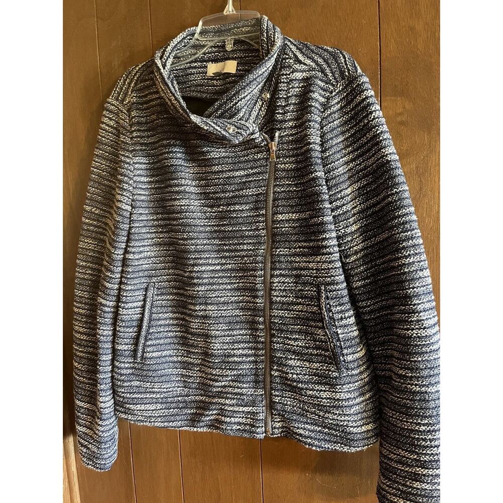 LOFT Jacket Womens Medium Blue Moto Style Boucle Asymmetrical Full Zip